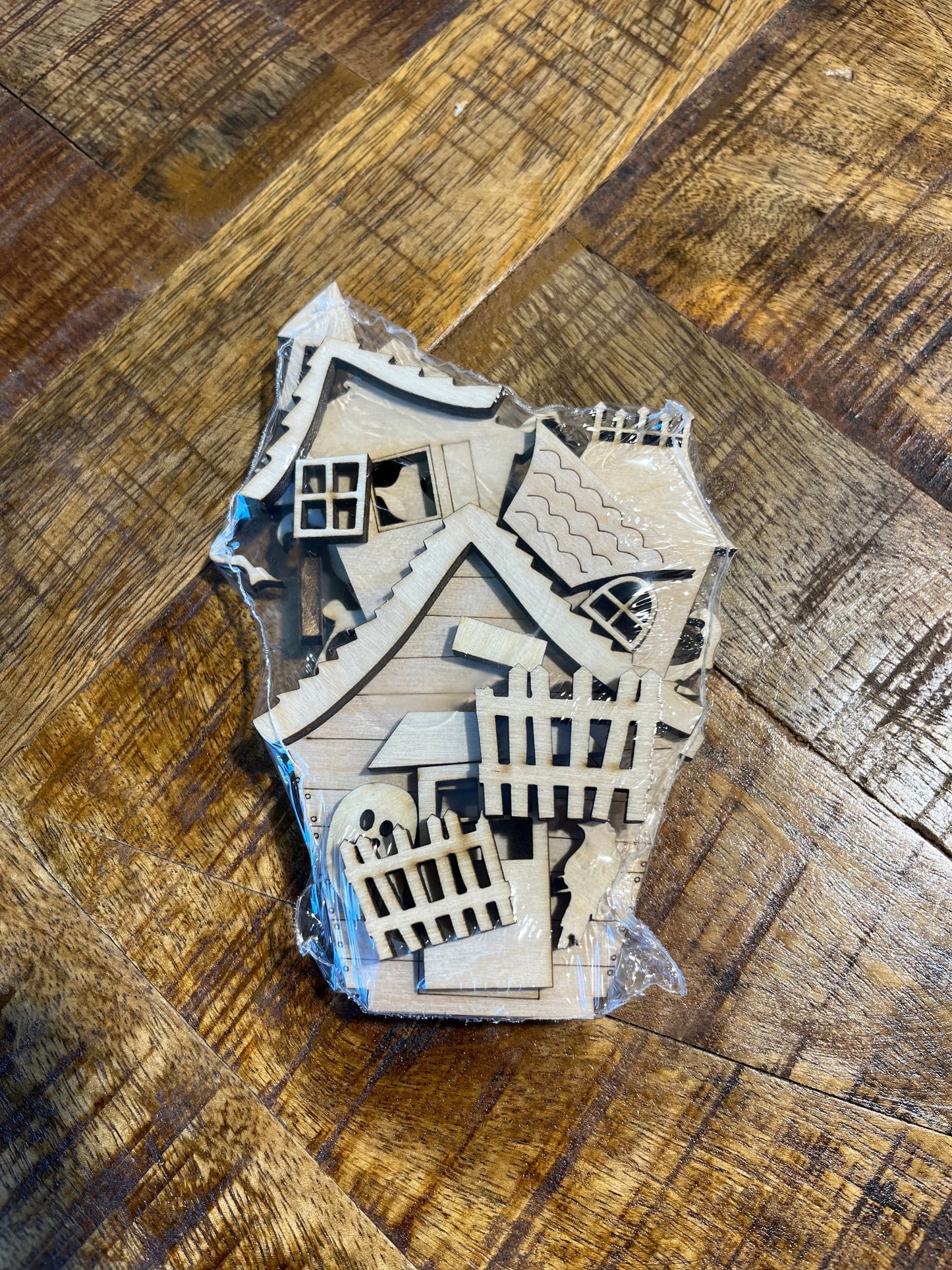 Laser cut shelf decor DIY Kit spooky shaped house with rustic fencing