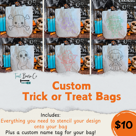 Collage of custom trick or treat bags with designs: cartoon skull, cartoon witch, cartoon Frankenstein's monster, ghost, gremlin, and vampire.