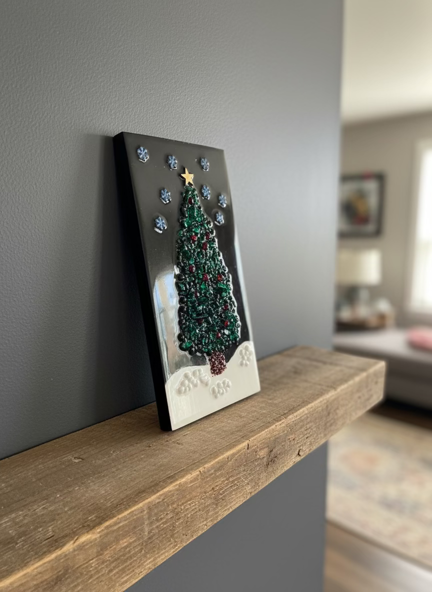 Decorative Christmas tree wall art on a wooden shelf against a gray wall.