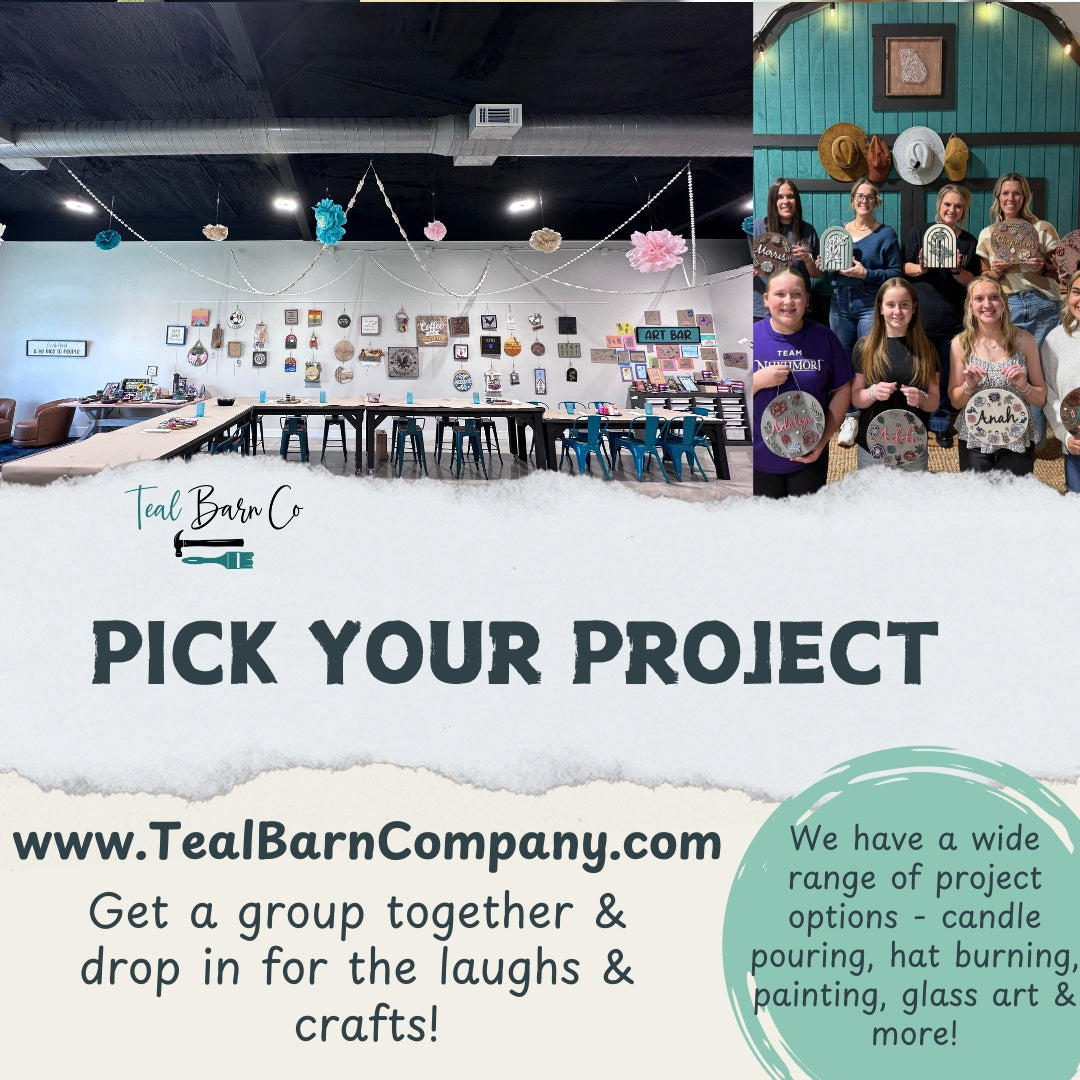 Promotional image for Teal Barn Co with text and images of a workshop and crafters.