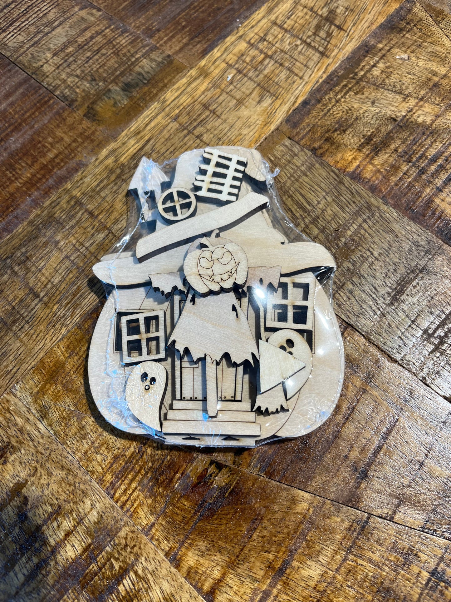 Laser cut shelf decor DIY Kit spooky pumpkin and witch hat shaped house w