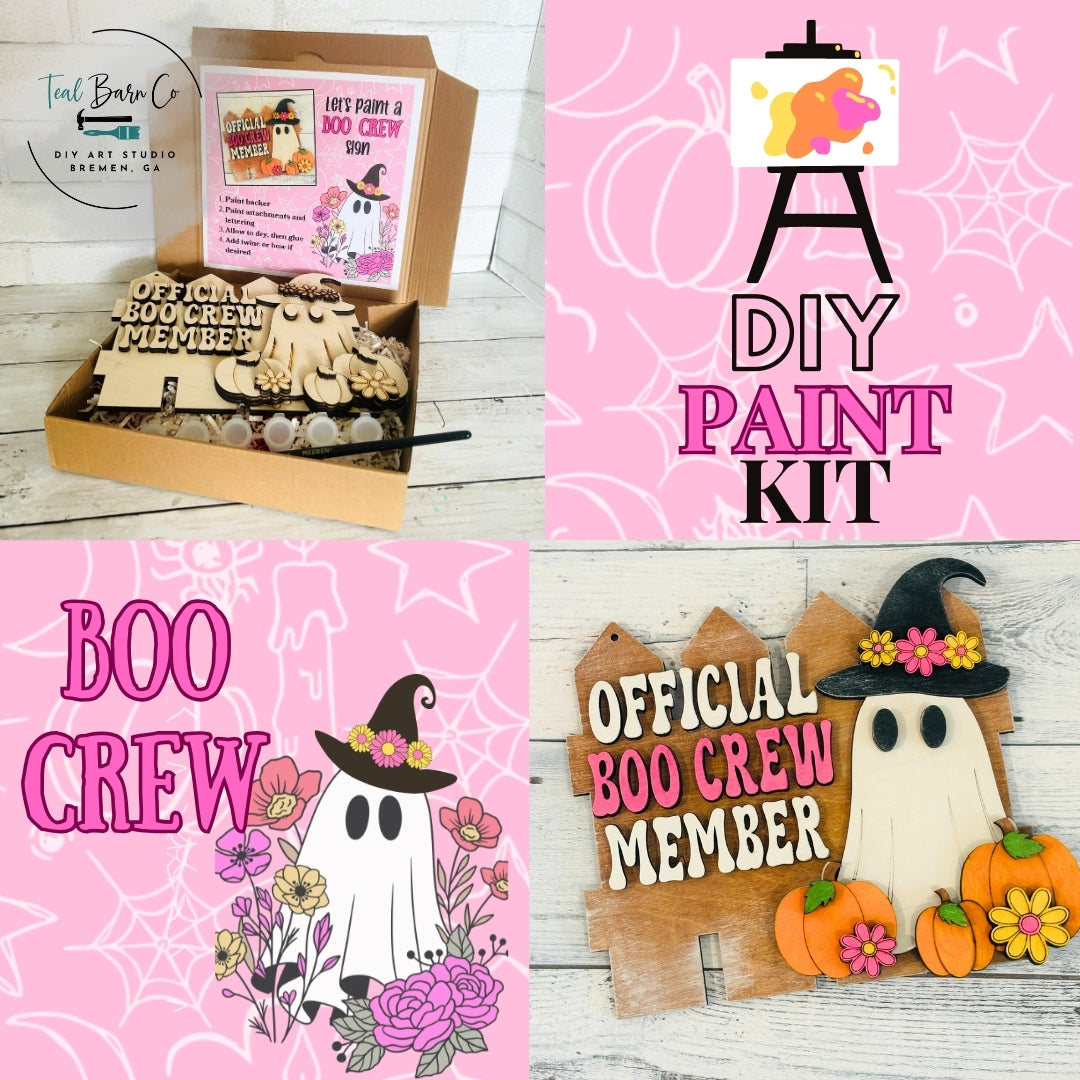 Halloween-themed DIY paint kit with wooden sign and paintbrush, featuring 'Official Boo Crew Member' and ghost design.