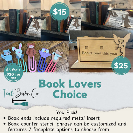 Collage of book-related products with prices and descriptions, featuring book ends with superheroes and wizards, a "books read" counter with a dragon, and book marks with various animal designs.