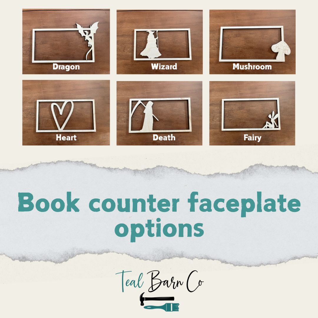 Wooden faceplate options with different designs and names. Design options include a dragon in the upper right corner, a wizard, a mushroom in the lower right corner, a heart, a grim reaper, and a fairy.
