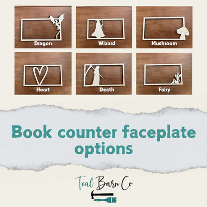 Wooden faceplate options with different designs and names. Design options include a dragon in the upper right corner, a wizard, a mushroom in the lower right corner, a heart, a grim reaper, and a fairy.