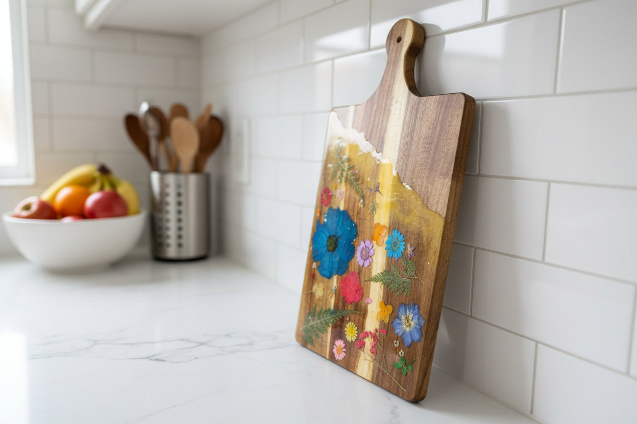 Wooden cutting board with floral designs on a light background