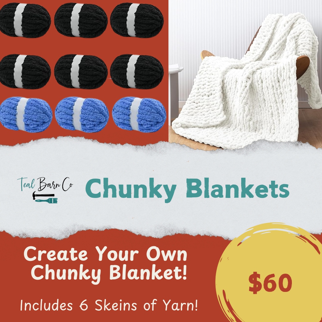 Promotional image for Chunky Blankets with yarn skeins and a completed blanket on a couch.