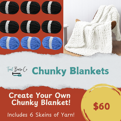 Promotional image for Chunky Blankets with yarn skeins and a completed blanket on a couch.