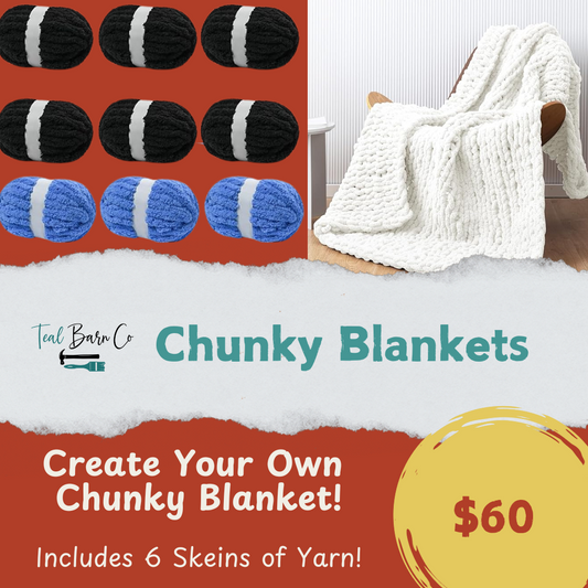 Promotional image for Chunky Blankets with yarn skeins and a completed blanket on a couch.