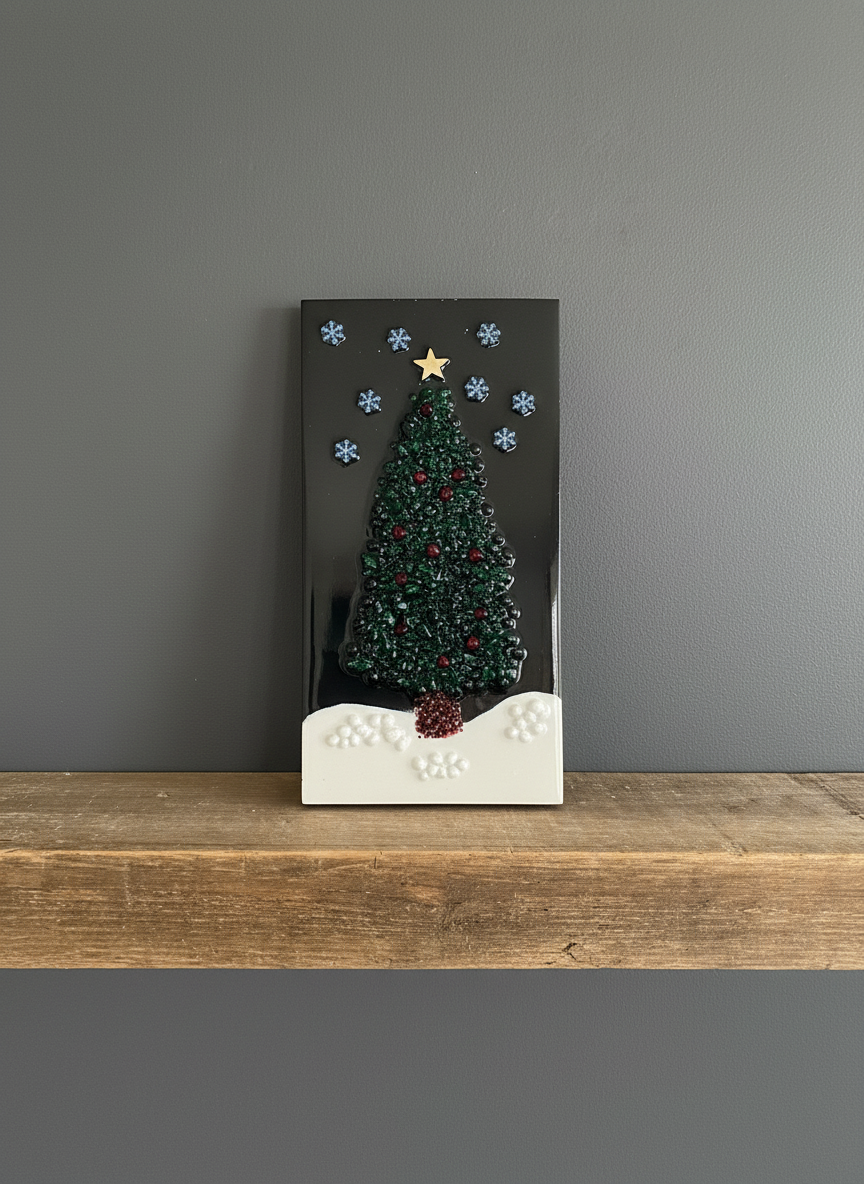 Decorative Christmas tree on a black background with snowflakes and a star, placed on a wooden surface against a gray wall.