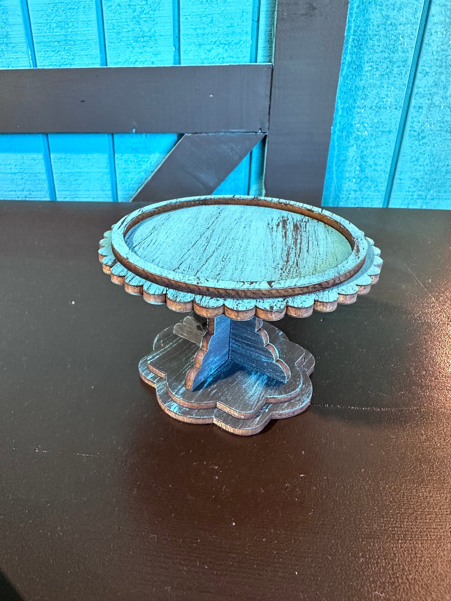 Teal and black candle holder, pedestal with drybrushing.
