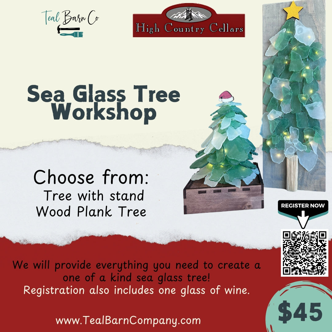 Advertisement for Sea Glass Tree Workshop with two sea glass tree style options: upright on a wooden stand, or flat on a wooden plank.