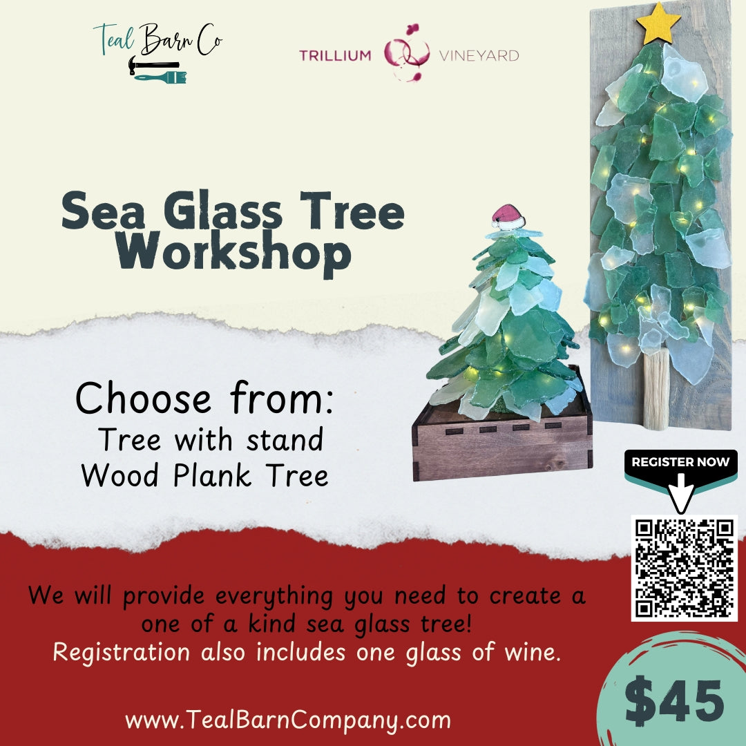 Advertisement for Sea Glass Tree Workshop with two sea glass tree style options: upright on a wooden stand, or flat on a wooden plank.