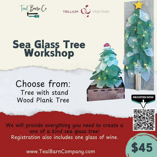 Advertisement for Sea Glass Tree Workshop with two sea glass tree style options: upright on a wooden stand, or flat on a wooden plank.