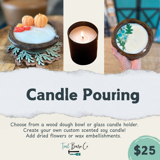 Promotional image for candle pouring service with wooden dough bowls and brown glass candle holder options shown.