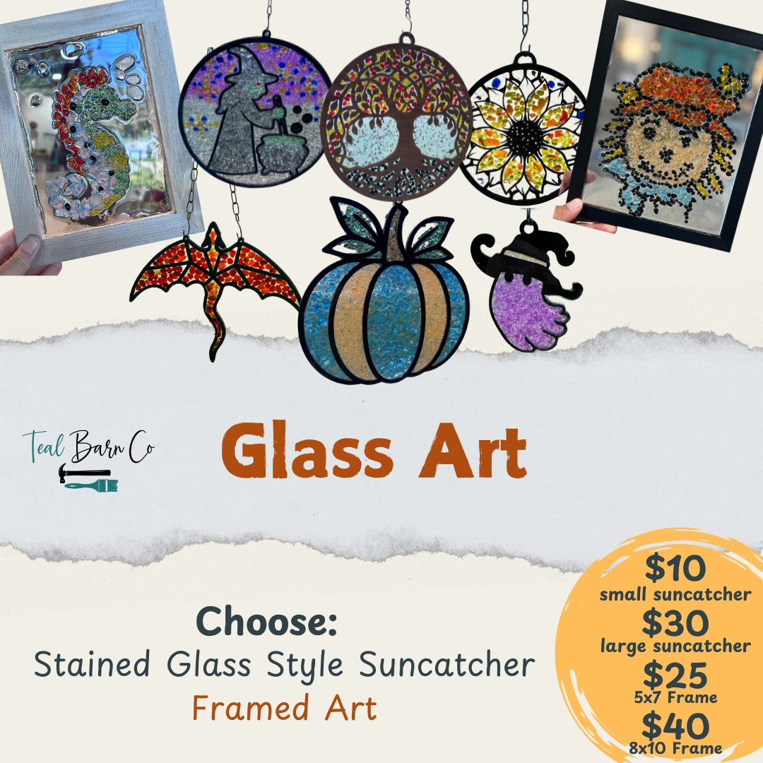 Glass art advertisement displaying a seahorse, fall designs, a fall-colored tree, and an artsy sunflower.