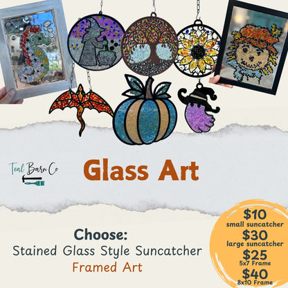 Glass art advertisement displaying a seahorse, fall designs, a fall-colored tree, and an artsy sunflower.