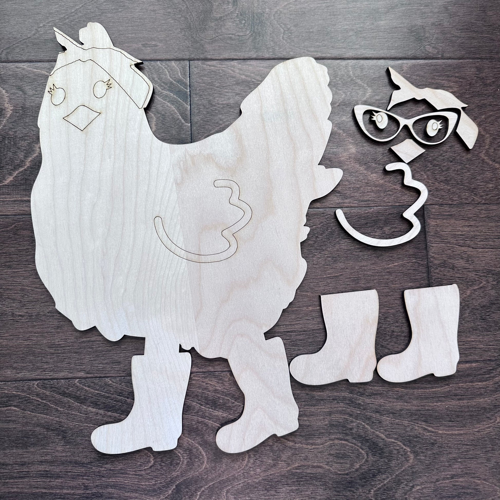 Laser cut birch plywood hen chicken blank with boots glasses customizable