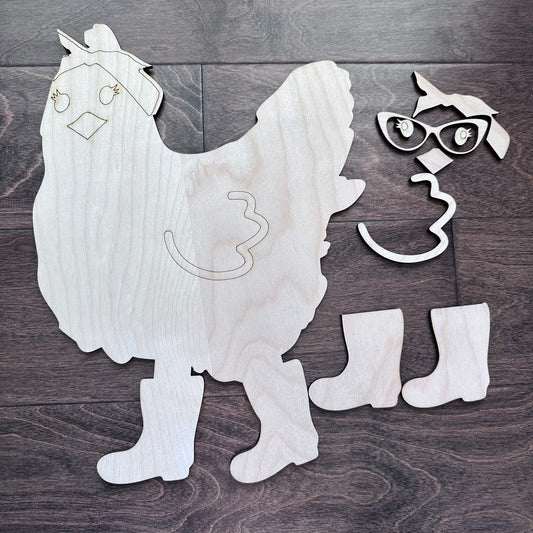 Laser cut birch plywood hen chicken blank with boots glasses customizable