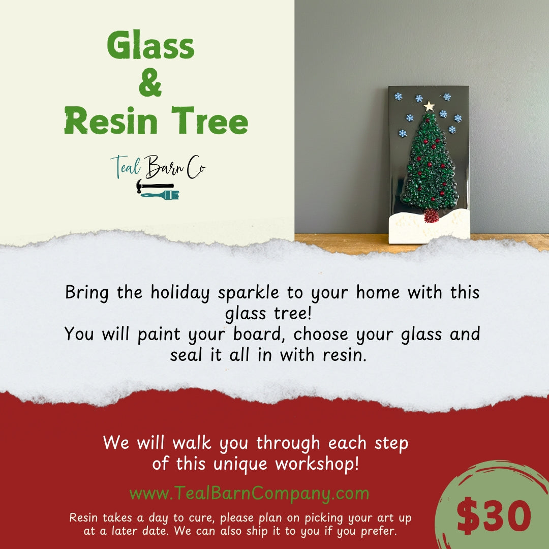 Advertisement for a glass and resin tree workshop with text and a small tree painting on a gray wall.