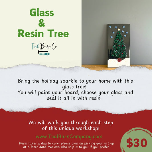 Advertisement for a glass and resin tree workshop with text and a small tree painting on a gray wall.