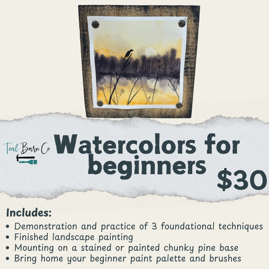 A sunset lake watercolor mounted on a high quality pine base advertising a watercolor class.